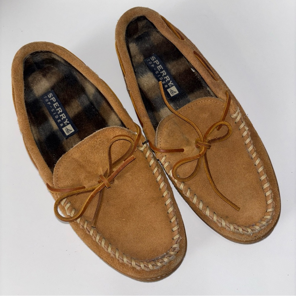 Sperry Leather Suede Slippers Flannel Lined Mens Size 10M Camel Slip Ons